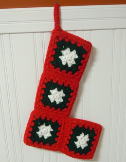 Small red granny square Christmas stocking