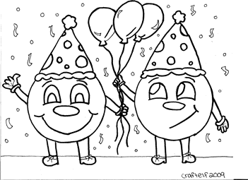 Party coloring page - smiley guys with balloons and party hats