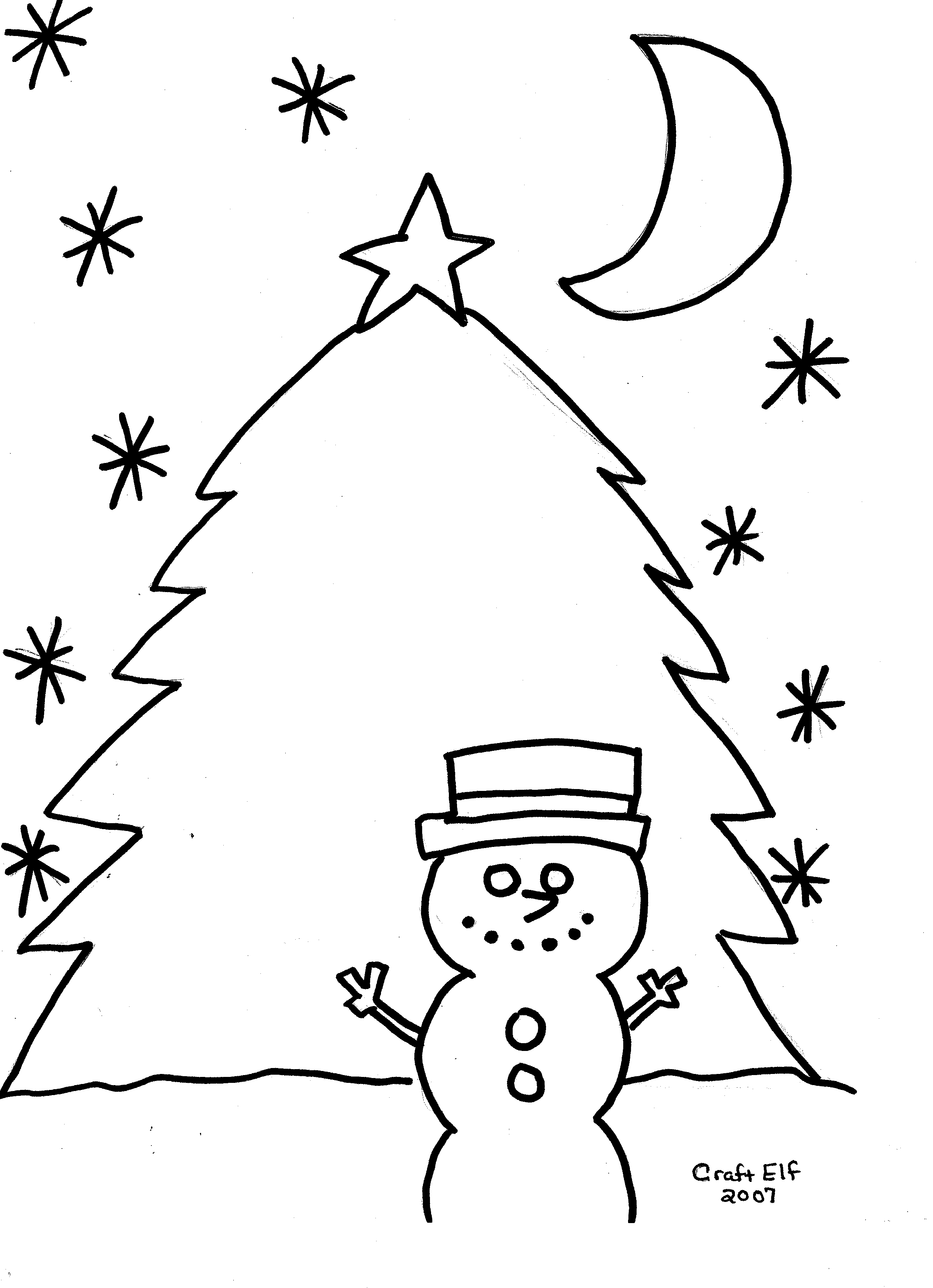 free coloring page snowman & Christmas tree