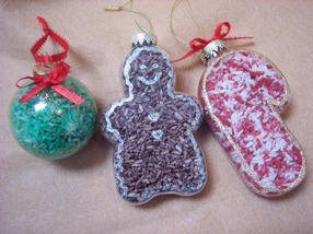 Craft Christmas tree ornaments from rice with free printable craft instructions.
