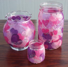 turn ordinary glass containers into Valentine's day vases with free craft instructions